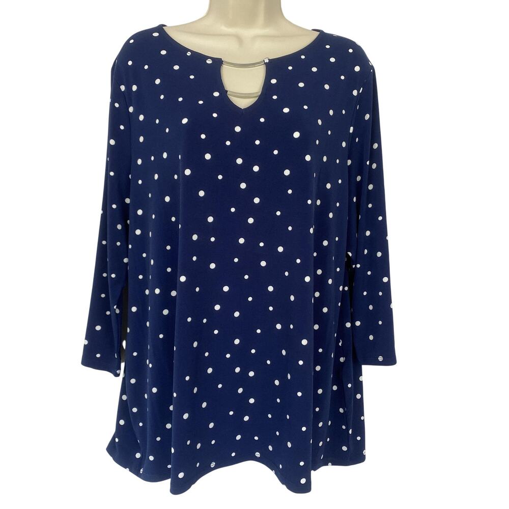 Chicos Top Size 3 Navy Blue Polka Dot VNeck Slinky Knit Artsy Career Retro XL 1X